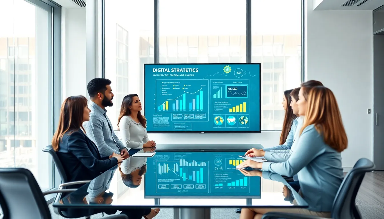 diverse team collaborating in a modern office on digital strategies.