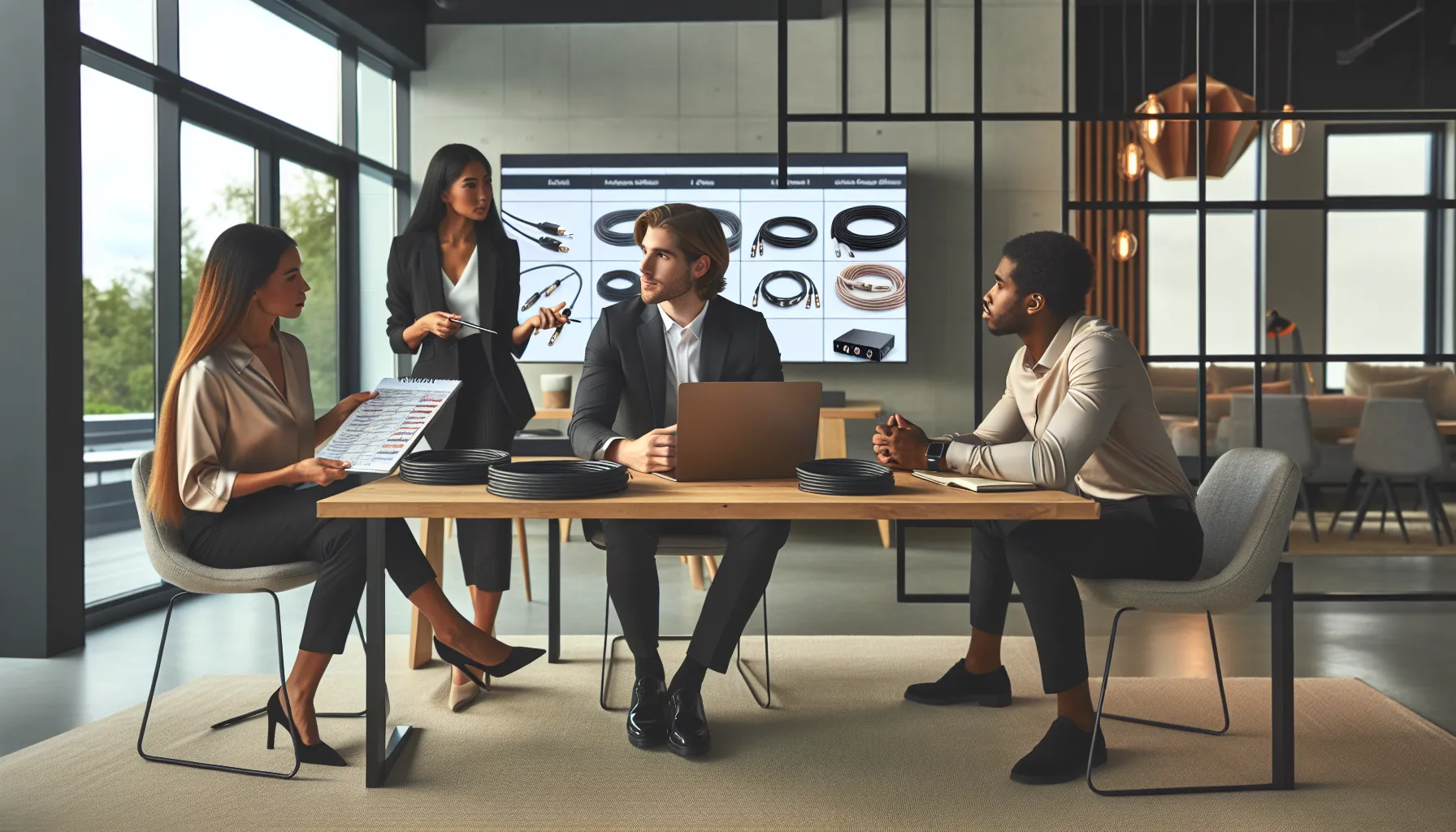 professionals discussing audio cable alternatives in a modern office.