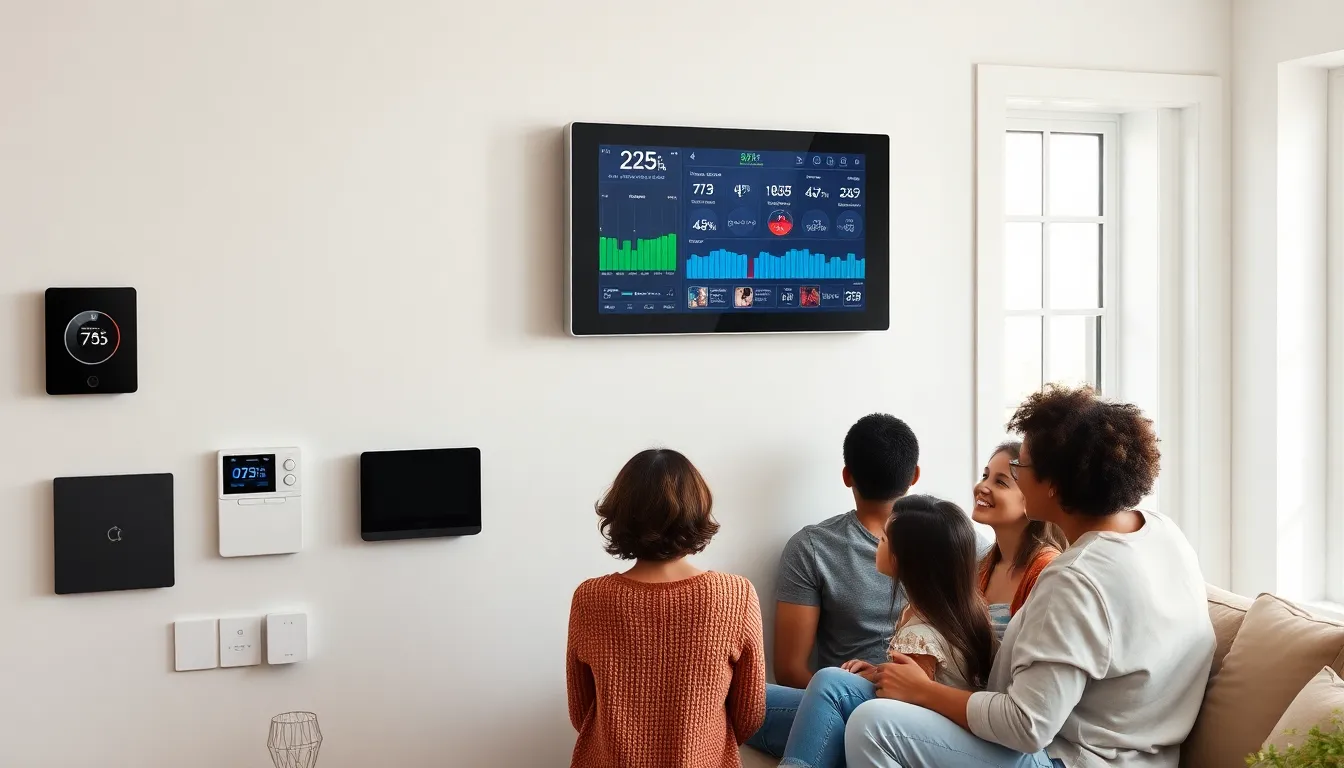 a smart electrical panel in a modern home with family interacting.