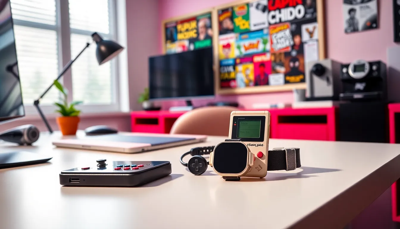 A workspace displaying various geeky gadgets and nostalgic tech designs.