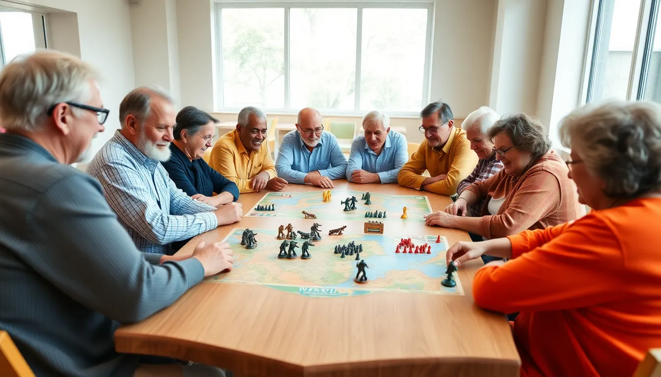Seniors playing a war game in a modern community center.