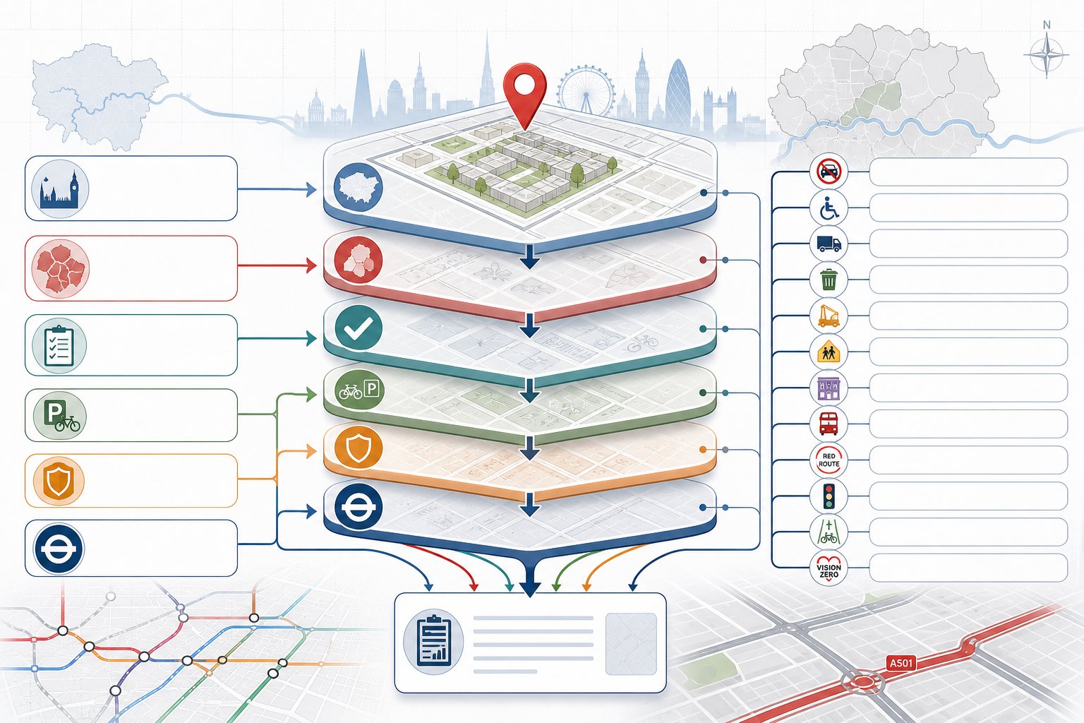 Layered infographic of London transport planning policies shaping site evidence requirements.