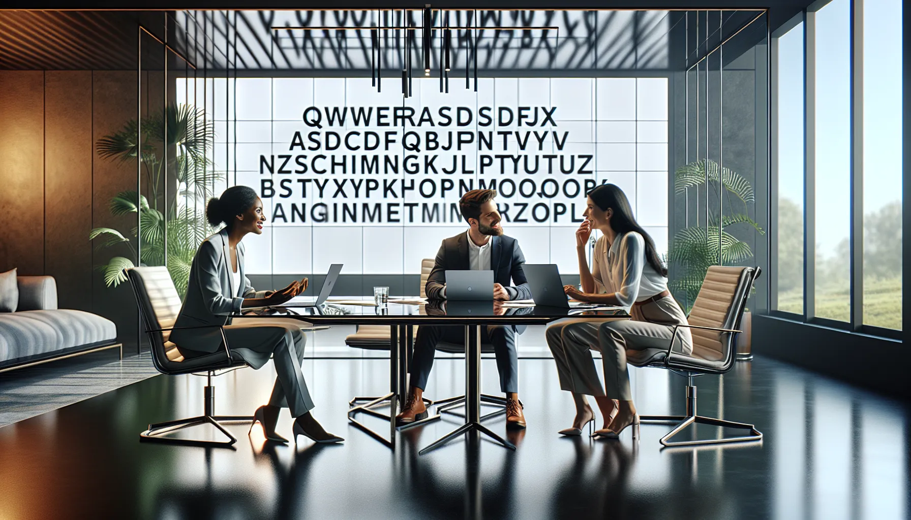 diverse team discussing in a modern office with a digital display.