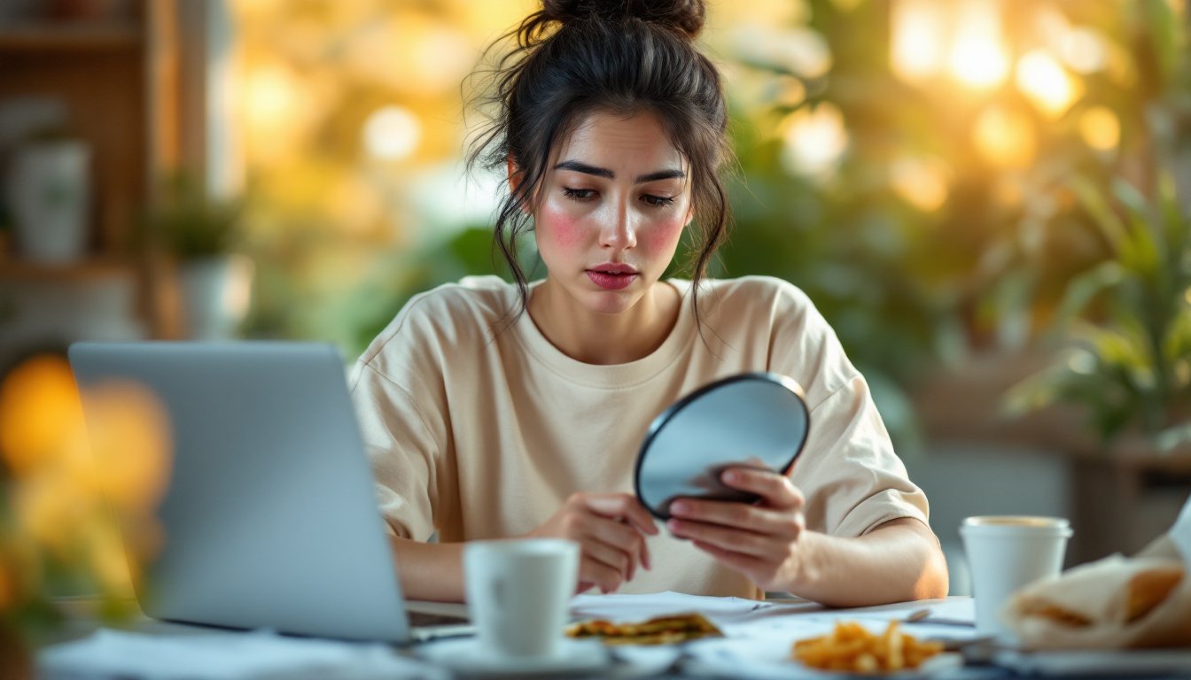 A young woman examining acne on her jaw in a mirror beside fast food and a planner.