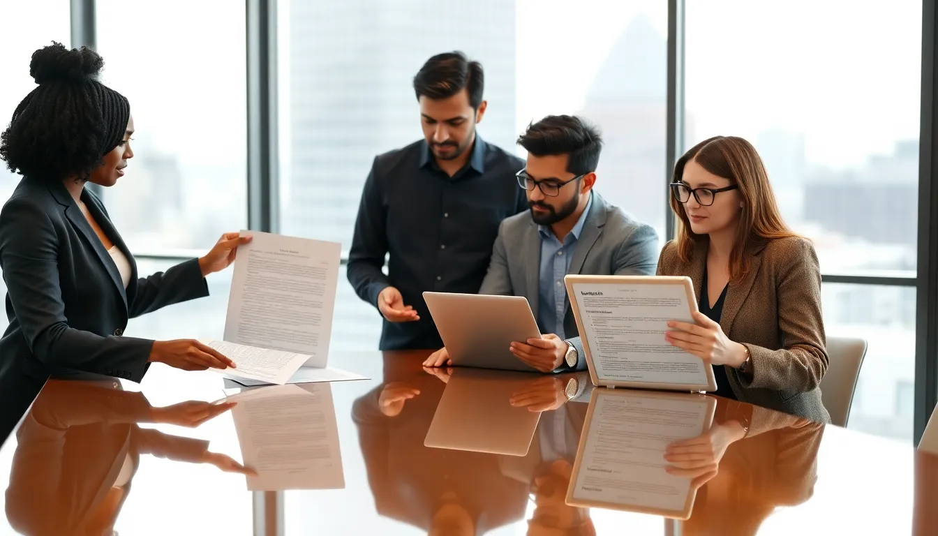 professionals discussing a lease agreement in a modern office.