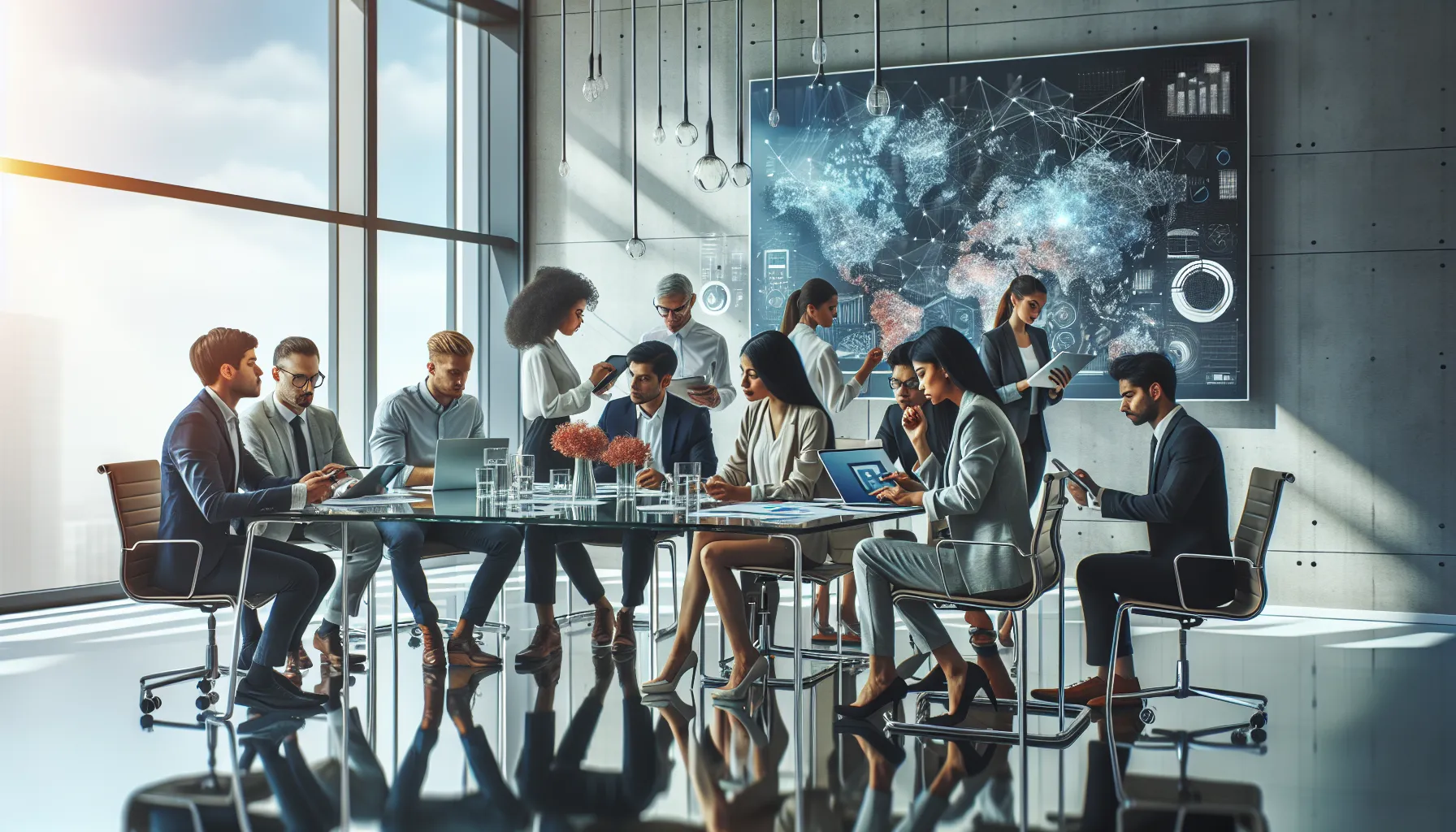 diverse professionals brainstorming in a modern office setting.
