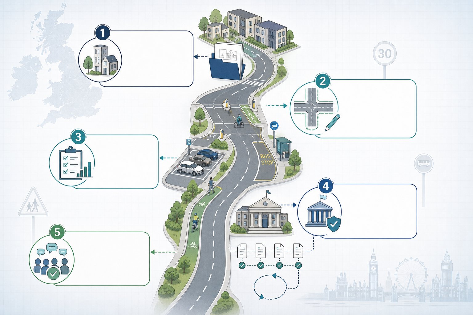 Infographic showing how public consultation improves transport planning decisions in the UK.
