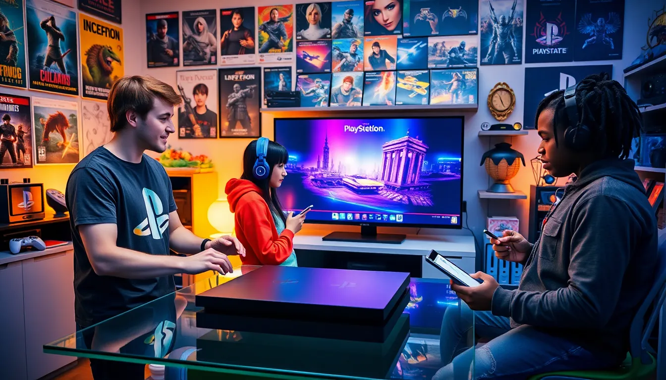 gamers discussing PlayStation games in a vibrant digital workspace.