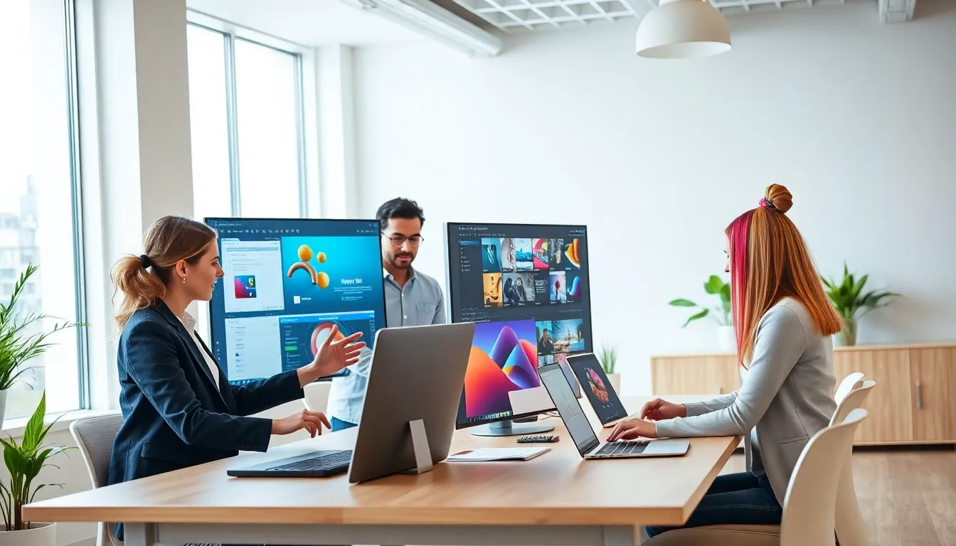 diverse professionals collaborating on GfxPixelMent software in a bright office.