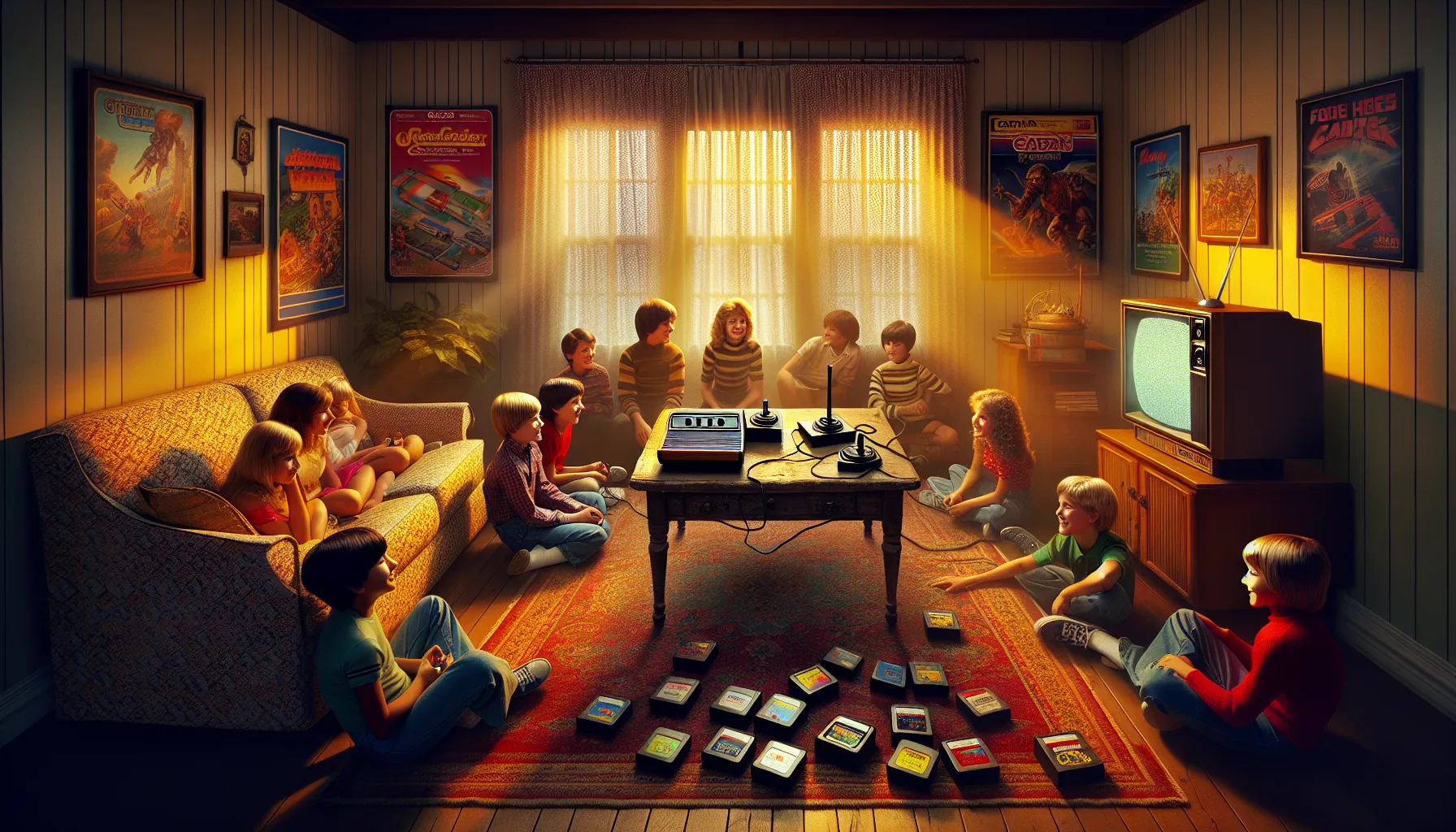 Children playing an Atari 2600 in a nostalgic 1970s living room.