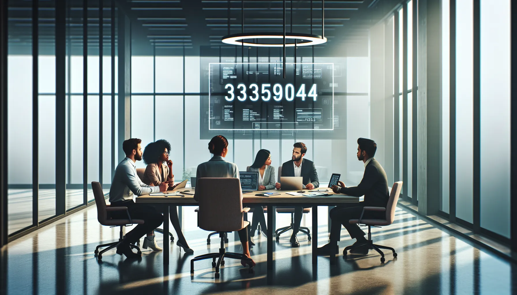 diverse team discussing in a modern office with a focus on a number.