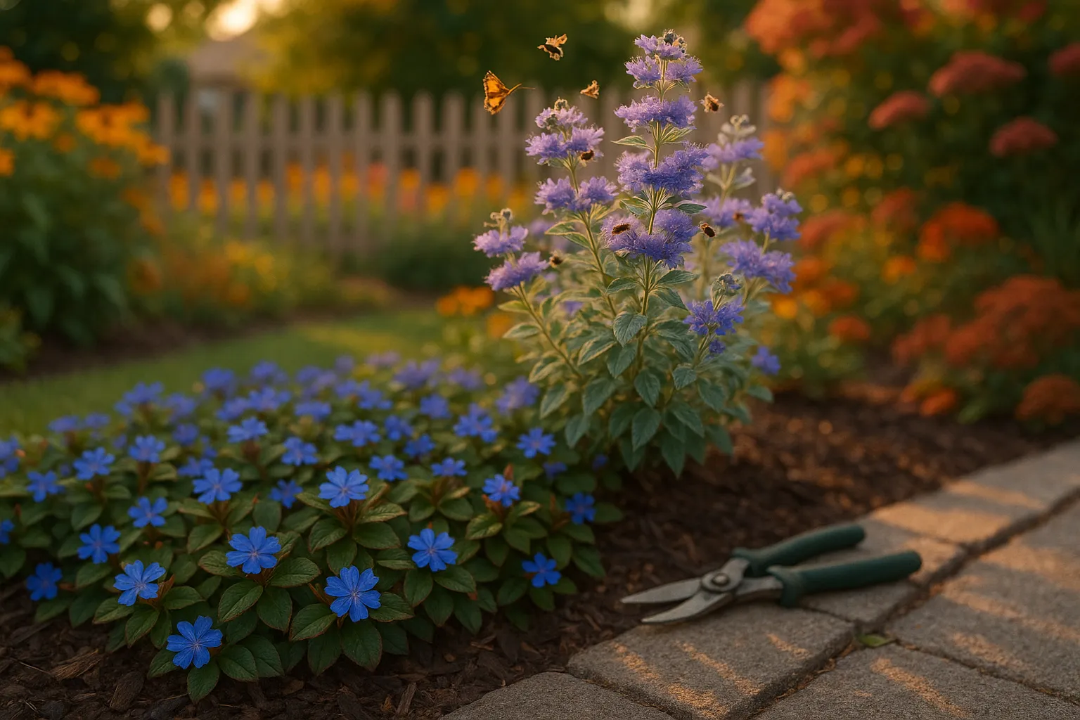 Low cobalt-blue Ceratostigma mat with taller silvery Caryopteris shrub behind