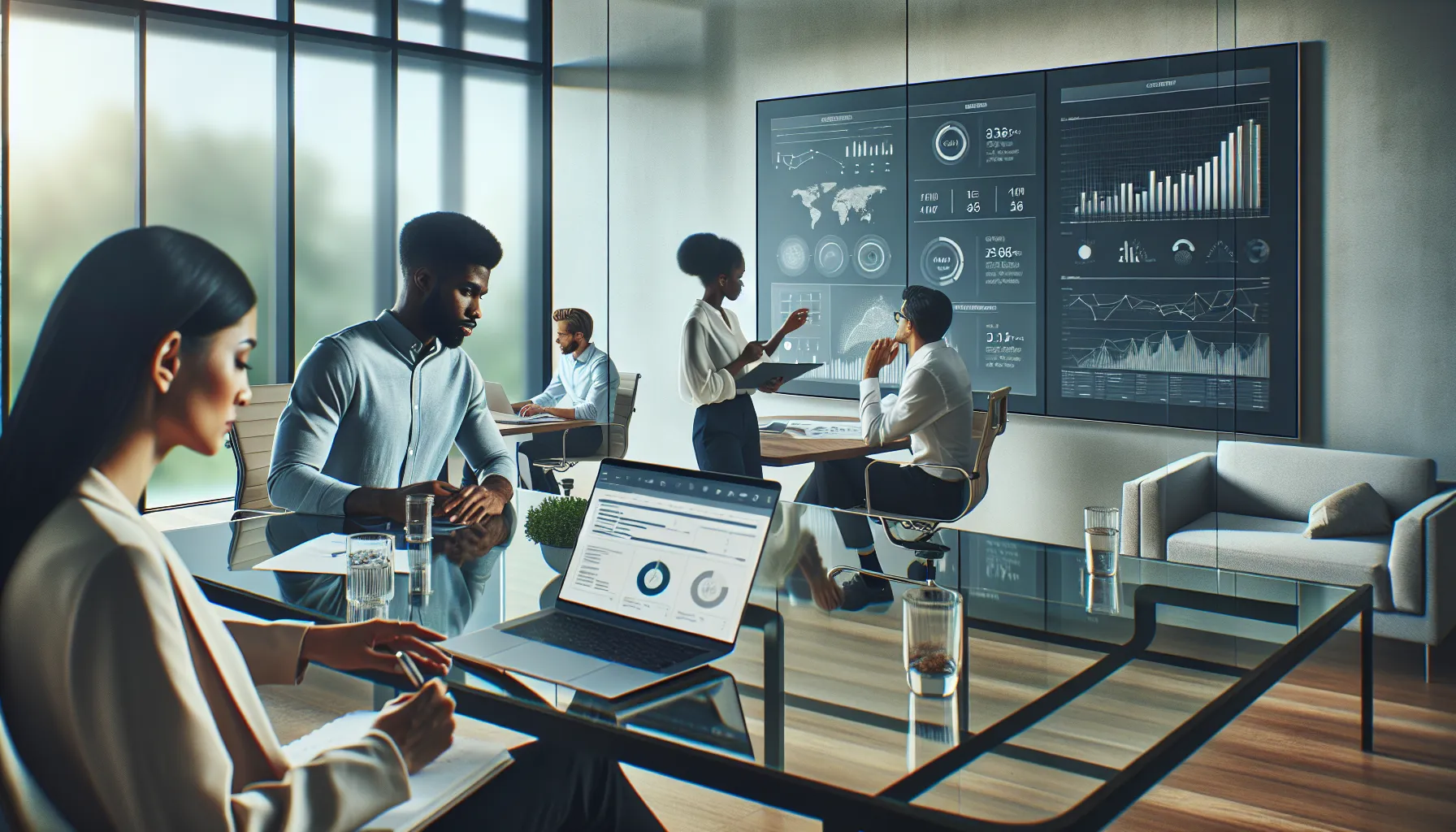 diverse professionals discussing metrics in a modern office.