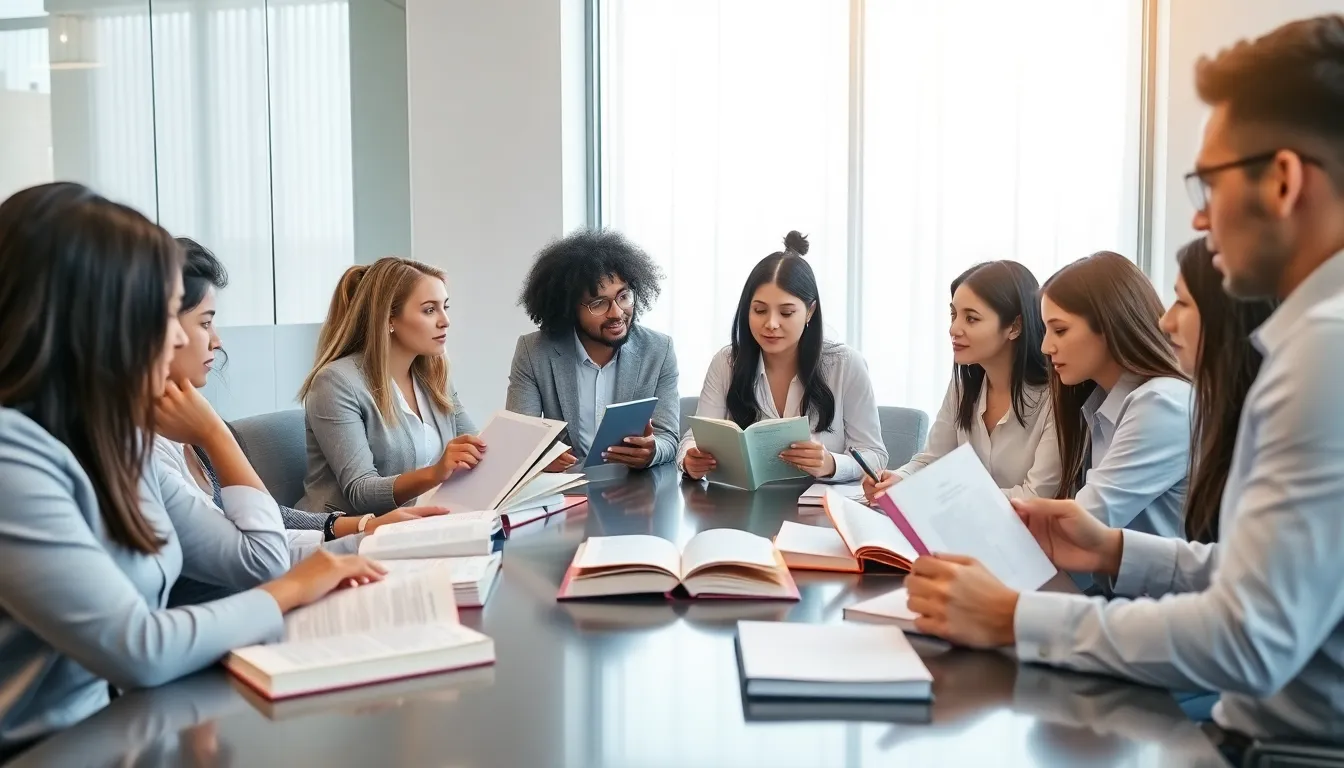 professionals discussing career development books in a modern office.