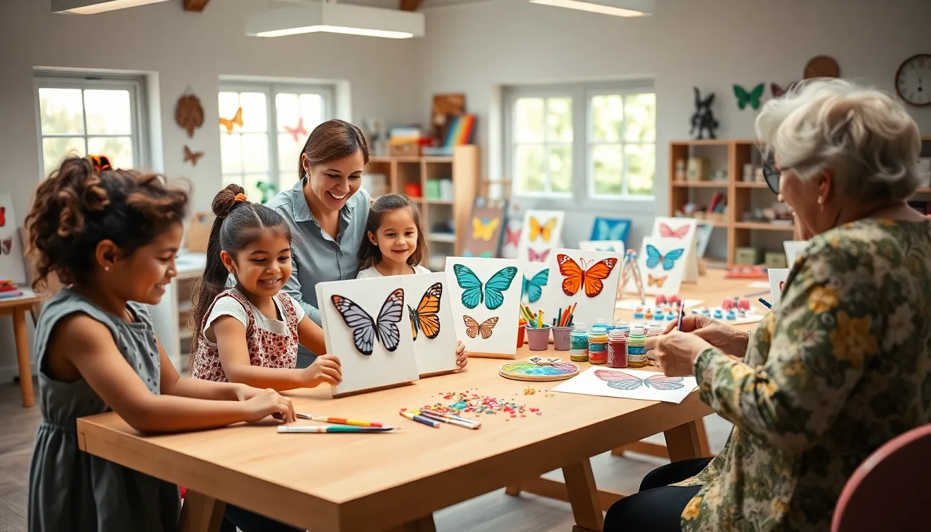 A diverse group engaged in butterfly arts and crafts in a bright studio.
