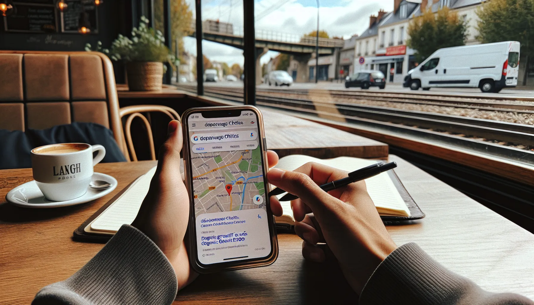 Person in Chelles searching local services on Google with reviews and map pins.
