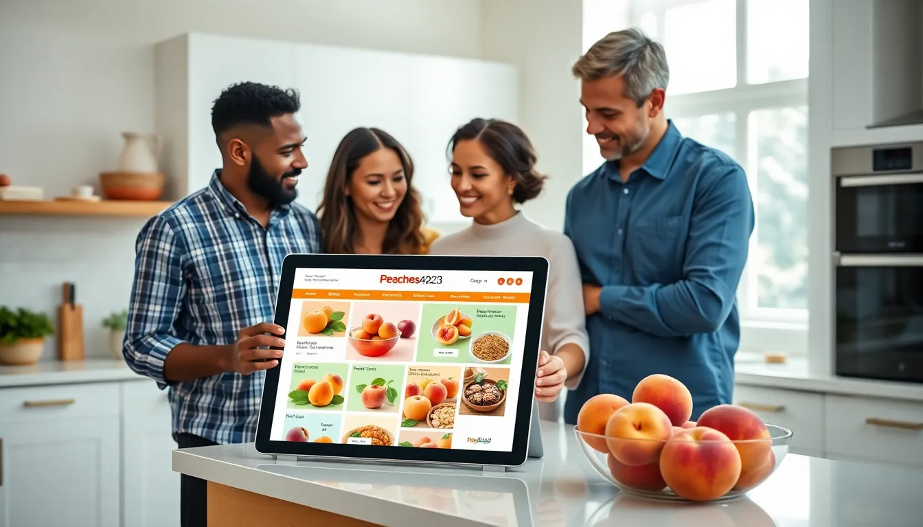 digital device showcasing peach products with diverse people in a bright kitchen.