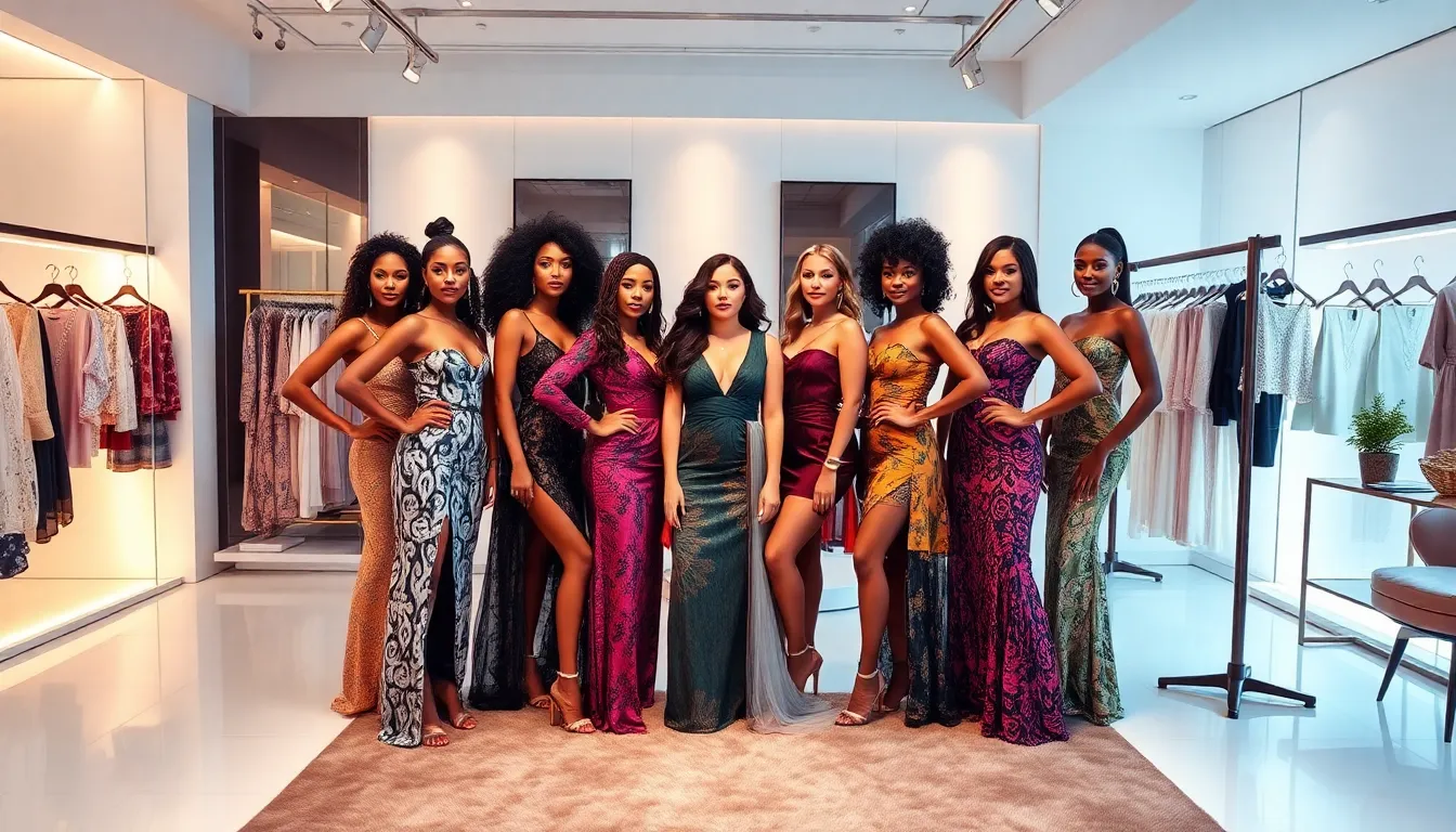 diverse models showcasing Lacyluxx fashion in a chic studio.