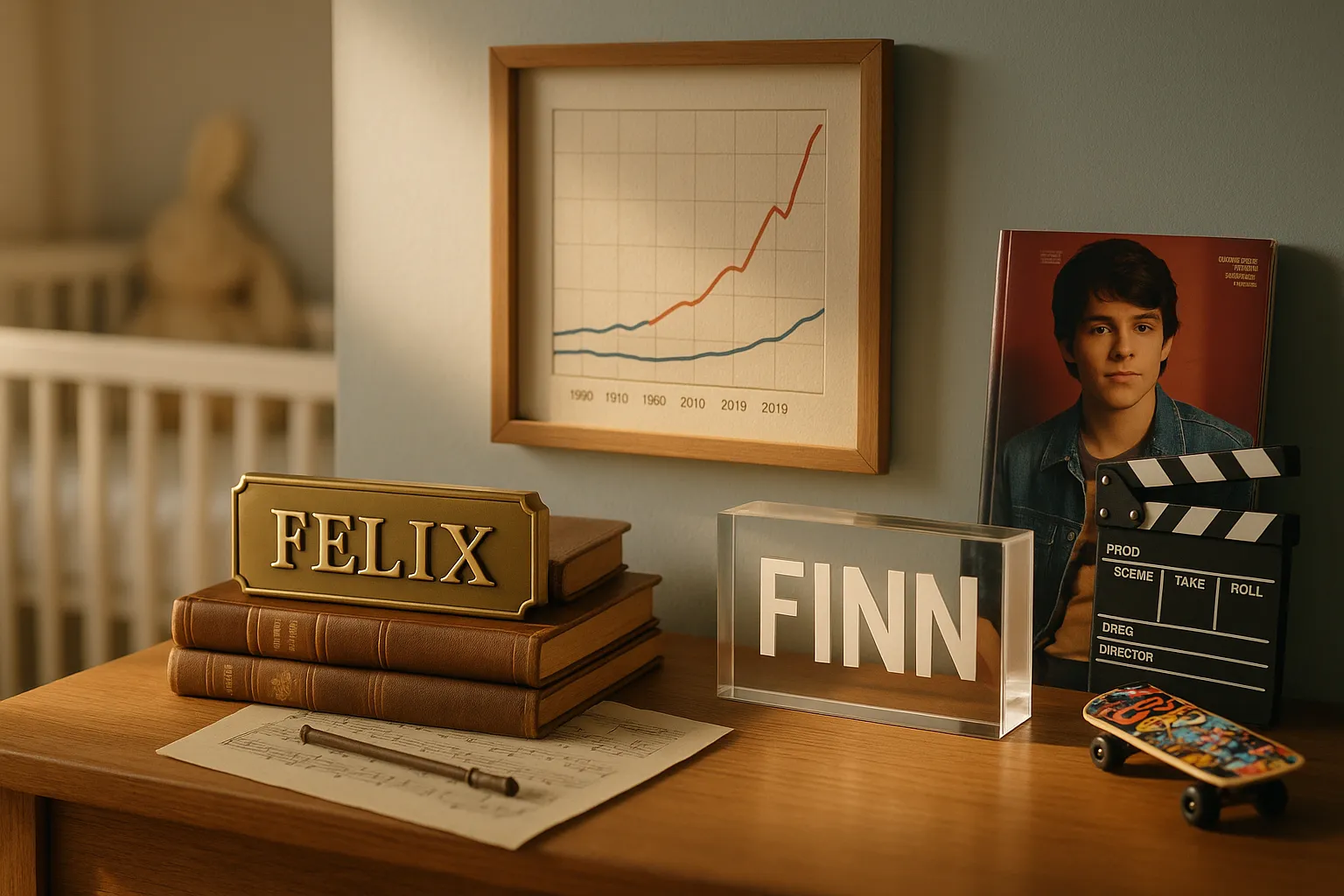 Two baby-name displays—Felix classic items and Finn modern pop-culture items.