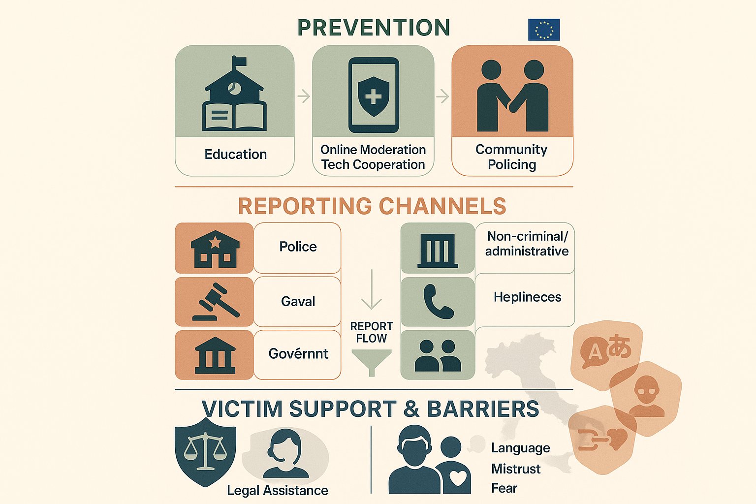 Infografica che mostra la prevenzione dei crimini d'odio dell'Italia, i canali di segnalazione e il sostegno alle vittime.