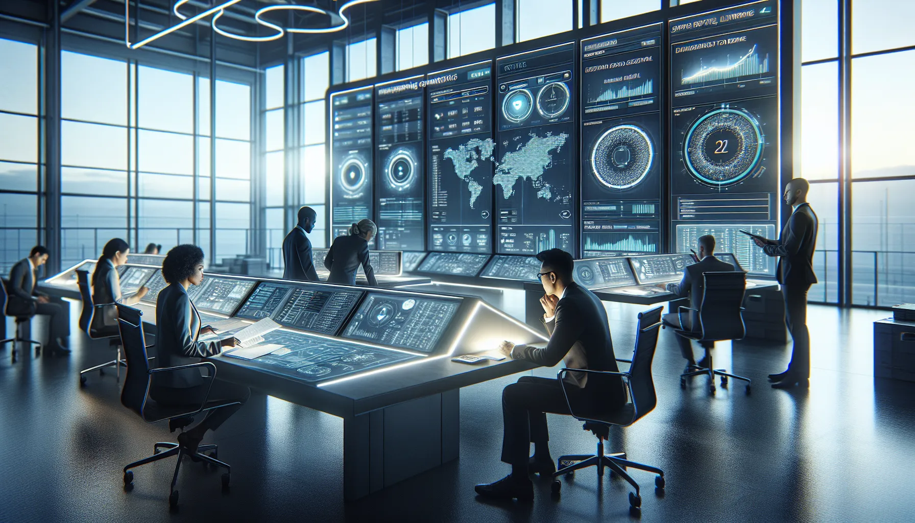 team collaborating in a modern logistics control room.