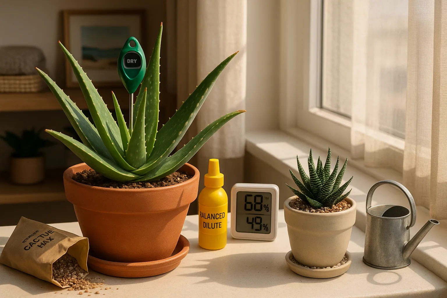 Aloe vera in direct sun beside a shaded Haworthia on a sunny windowsill.