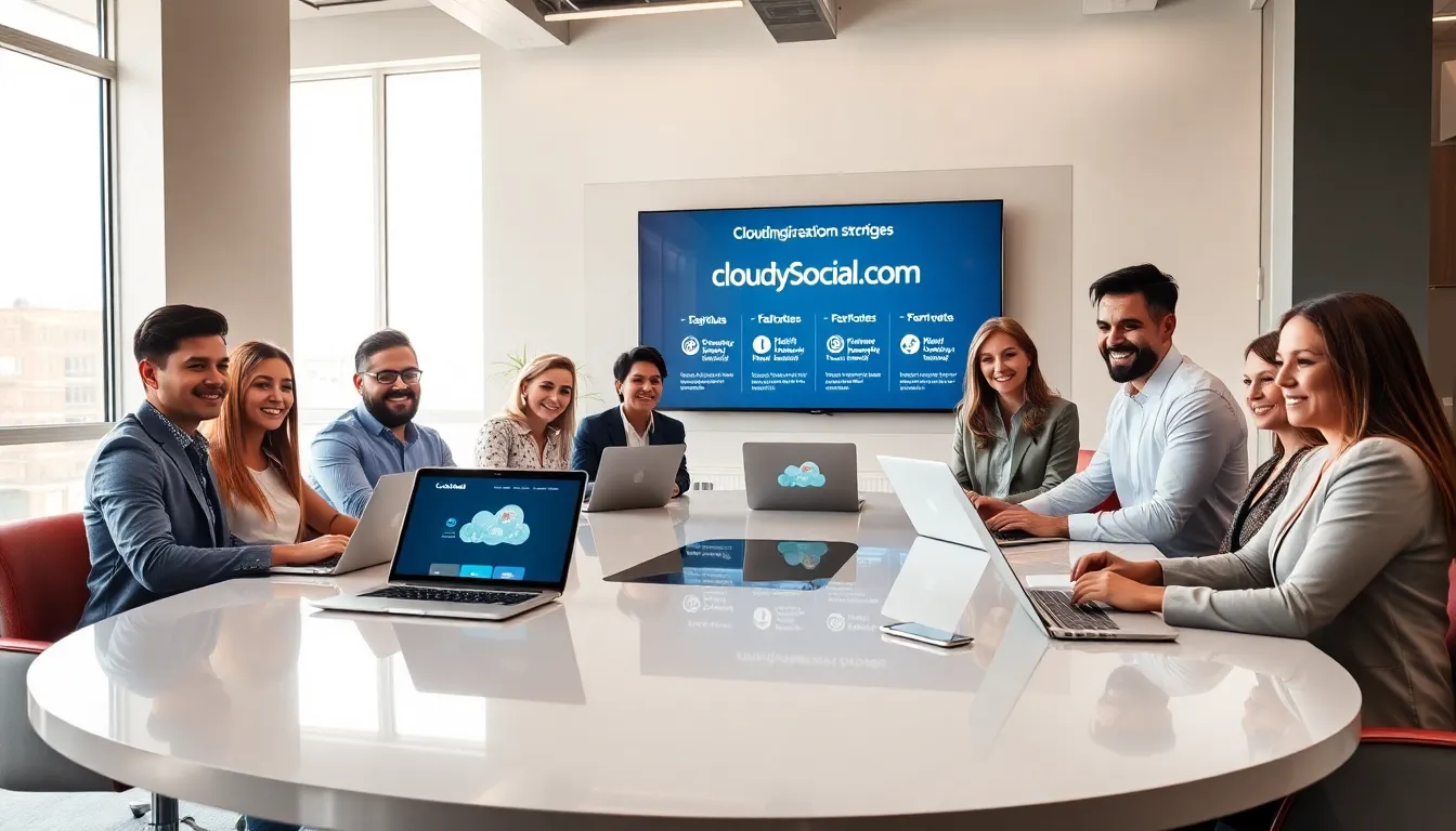 diverse team discussing social media strategies in a modern office