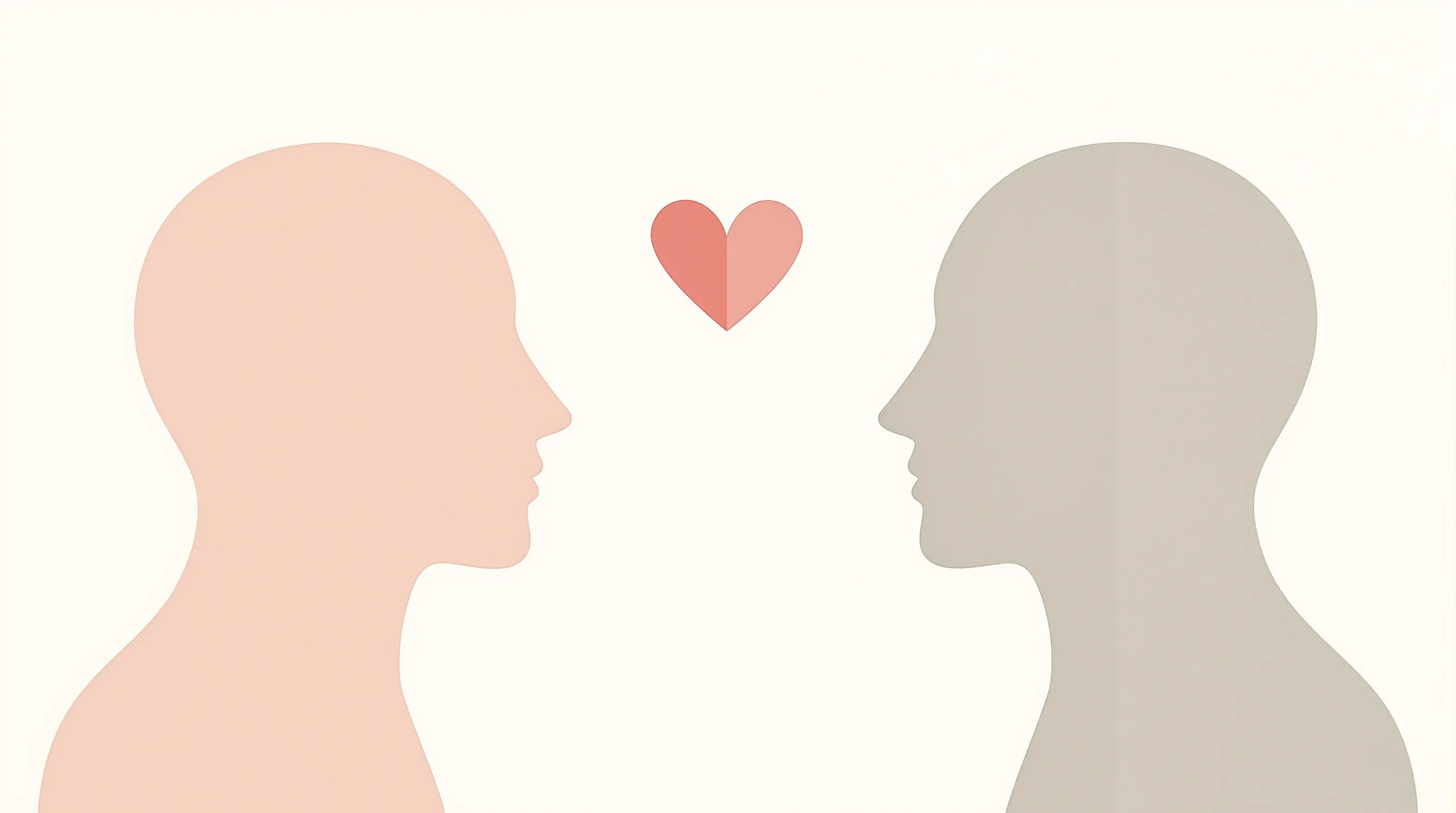 Two minimal silhouettes facing each other with a divided heart symbol between them.