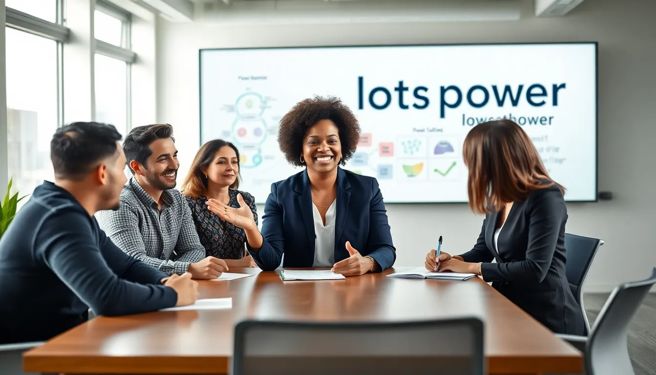 a diverse group in a meeting discussing power dynamics in a modern office.