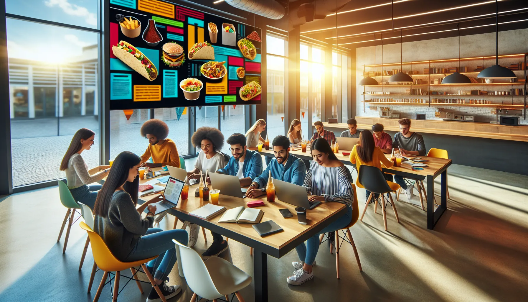 diverse group studying Taco Bell menu items together.