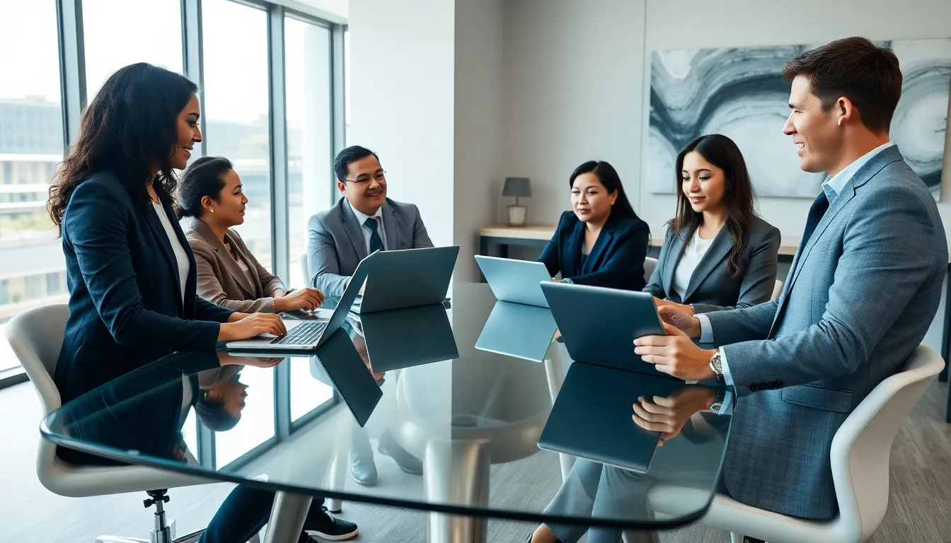 diverse professionals collaborating in a modern workspace.