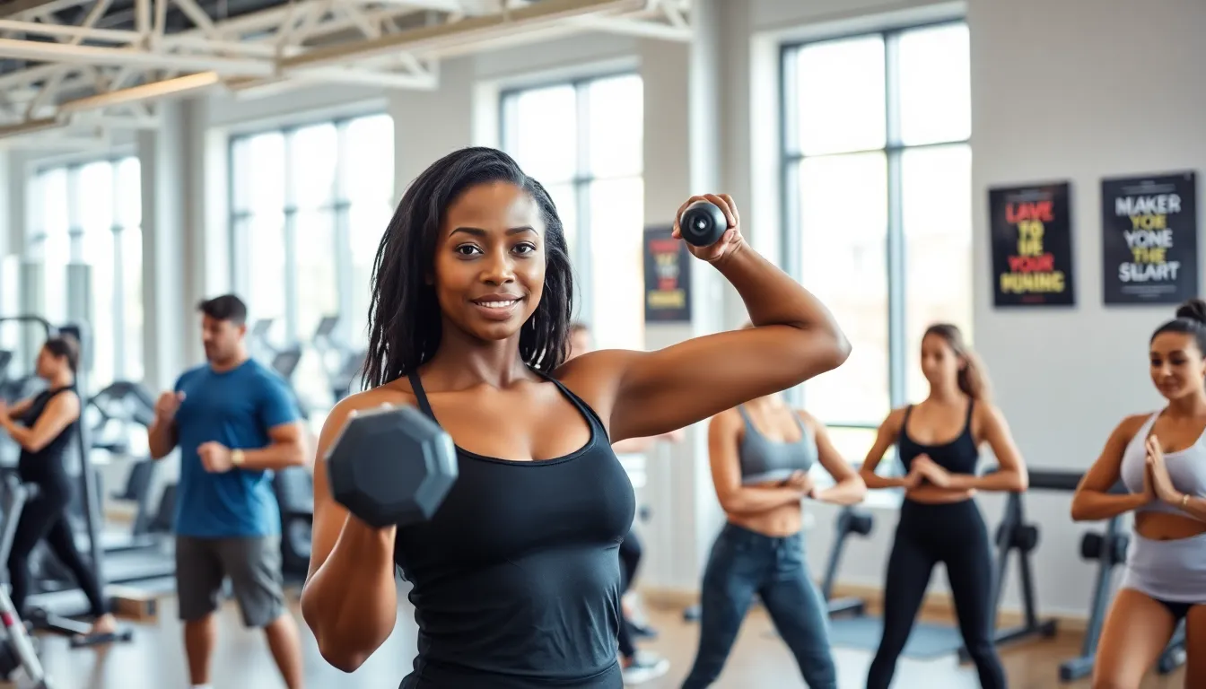 diverse individuals training in a modern gym setting.