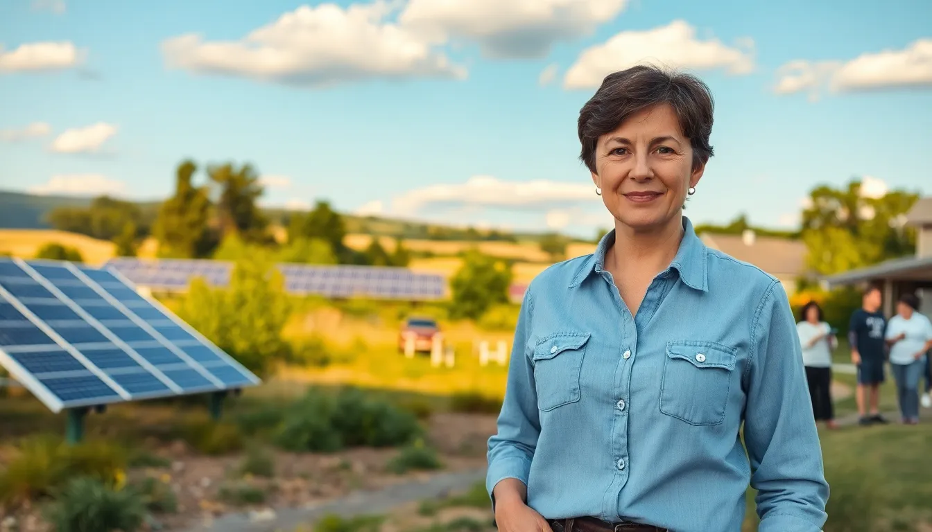 Naomi Bennett stands in front of solar panels, symbolizing her dedication to renewable energy.