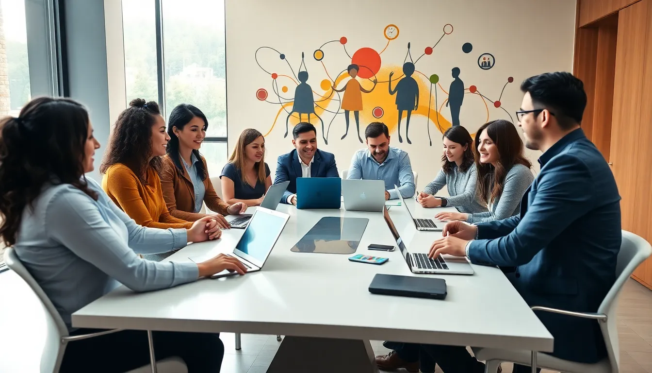 diverse team collaborating on community initiatives in a modern office.