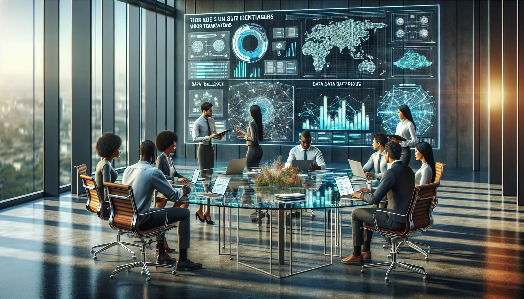 diverse professionals collaborating on technology applications in a modern office.