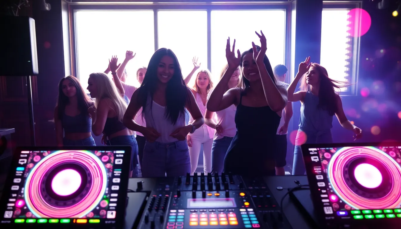 diverse group dancing at a modern DJ booth during a vibrant party.
