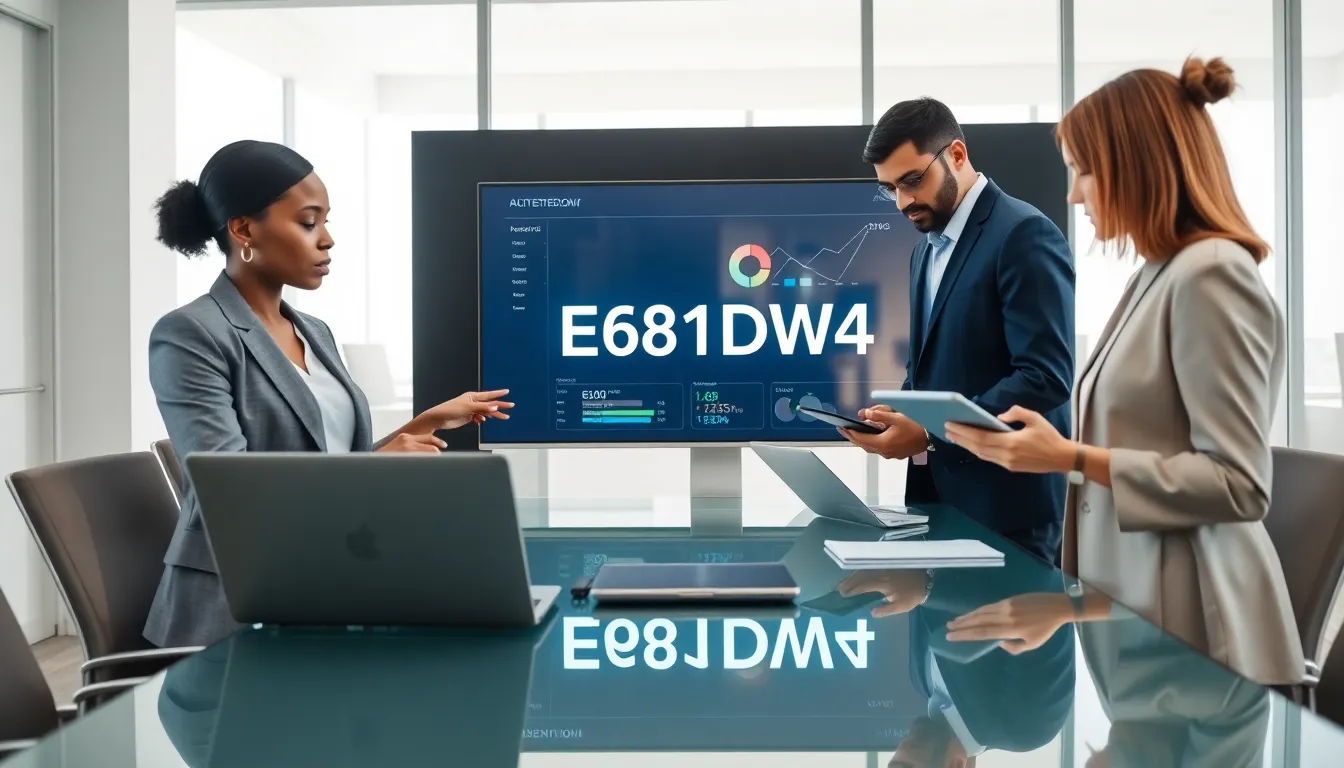 professionals collaborating over a digital dashboard in a modern office.