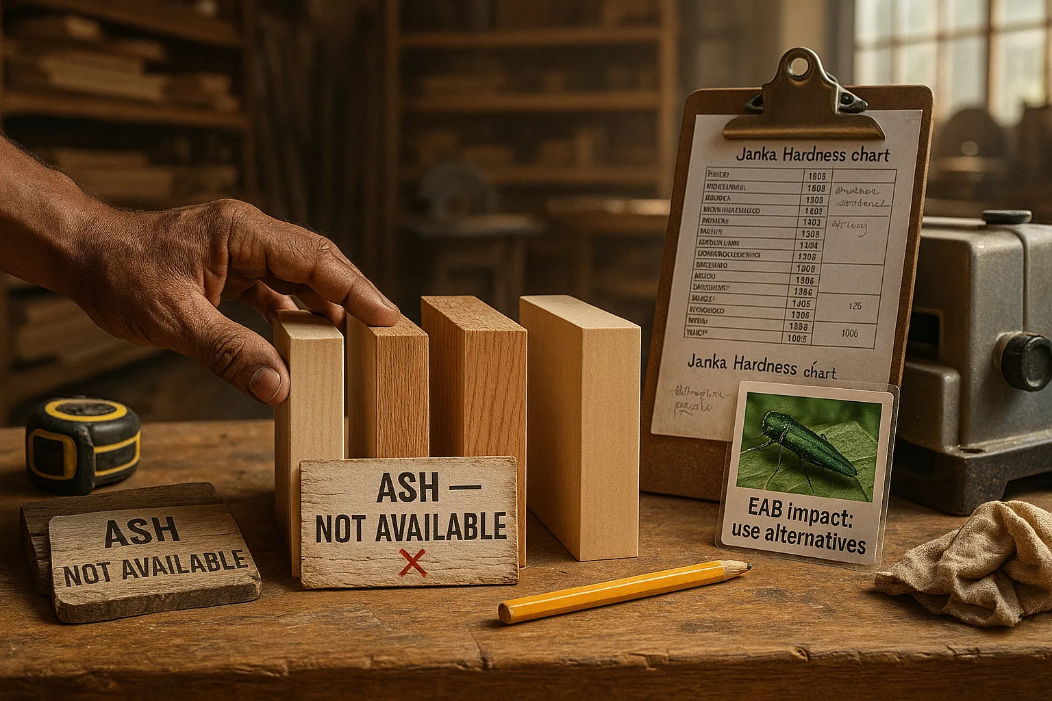 Carpenter selecting alternative hardwood boards in a sunlit American woodworking shop.