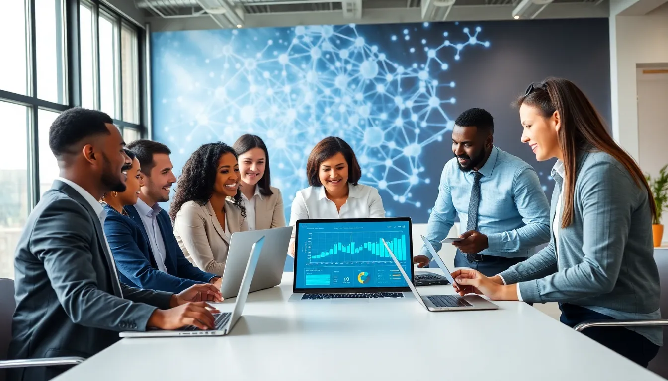 diverse team analyzing procurement technologies in a modern office.