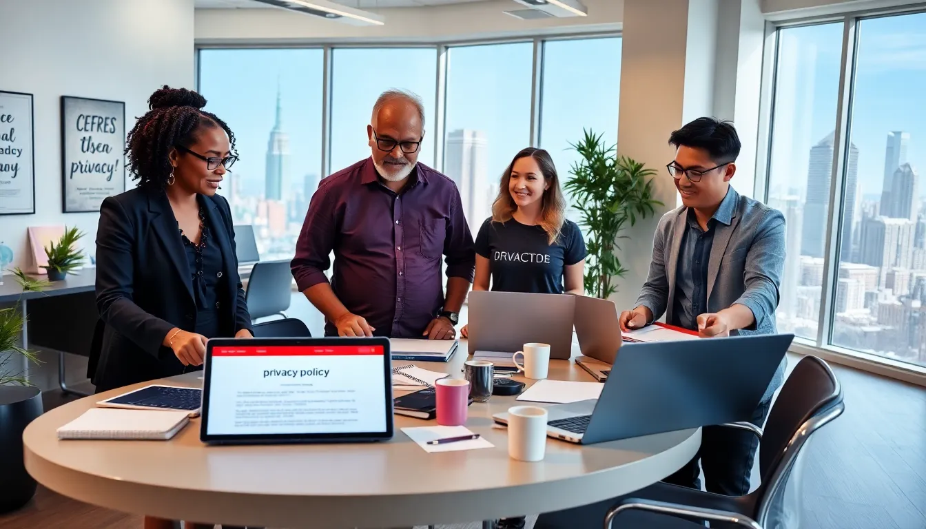 a diverse team discussing a privacy policy in a modern office.
