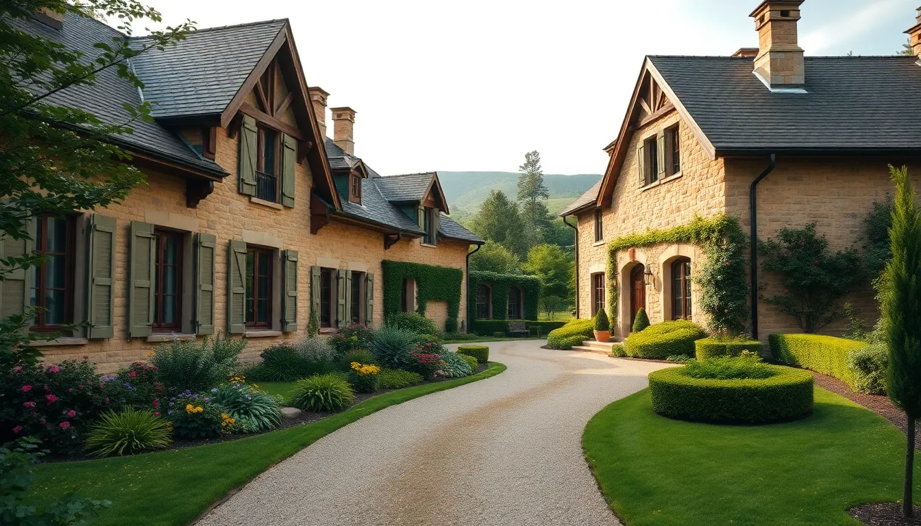 a charming French country house in a lush garden setting.