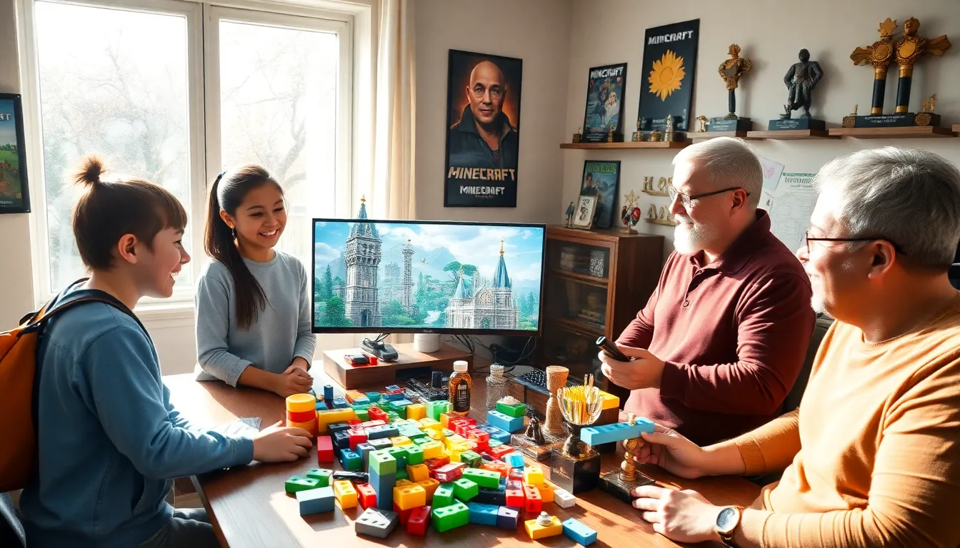 diverse players collaborating on Minecraft projects in a cozy gaming room.