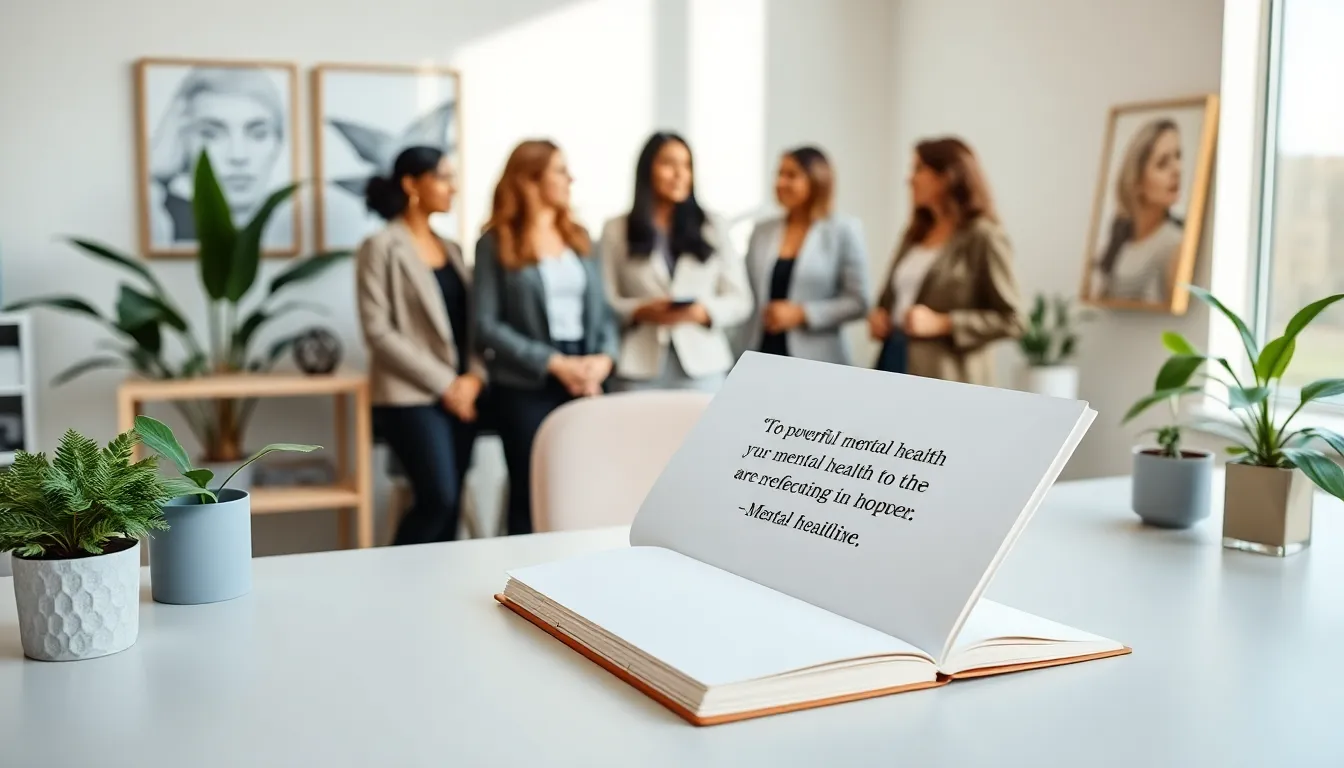 modern workspace with an inspiring mental health quote and diverse professionals.