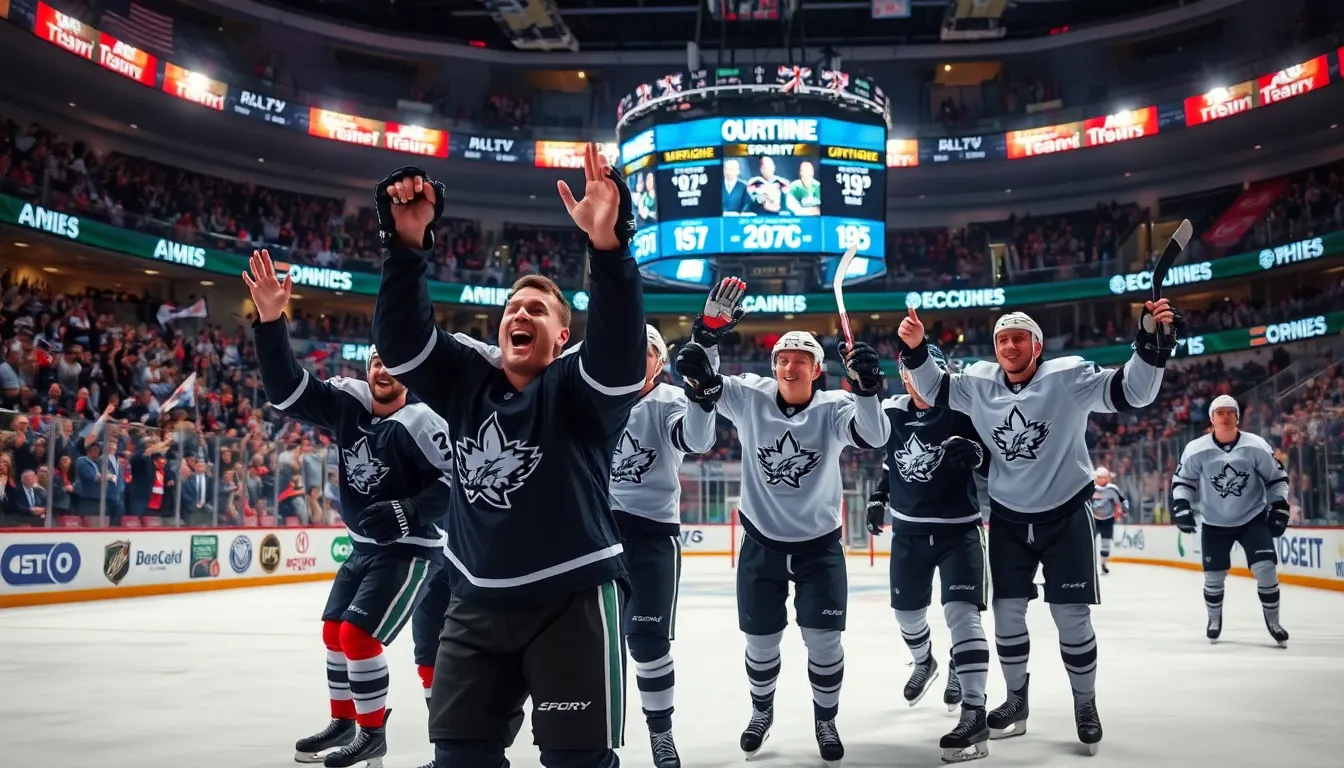 hockey players celebrating a recent victory in a packed arena.
