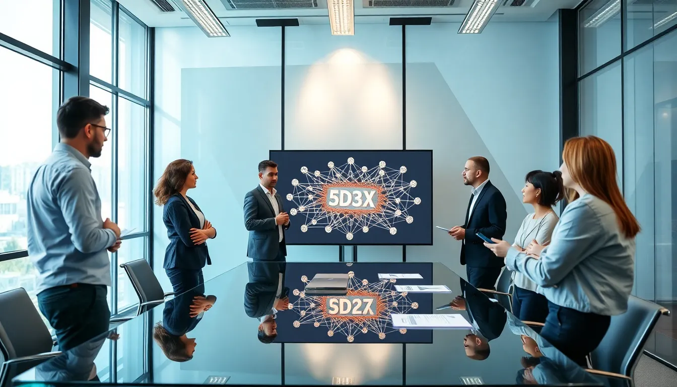 diverse team discussing innovative 5D35X technology in a modern office.