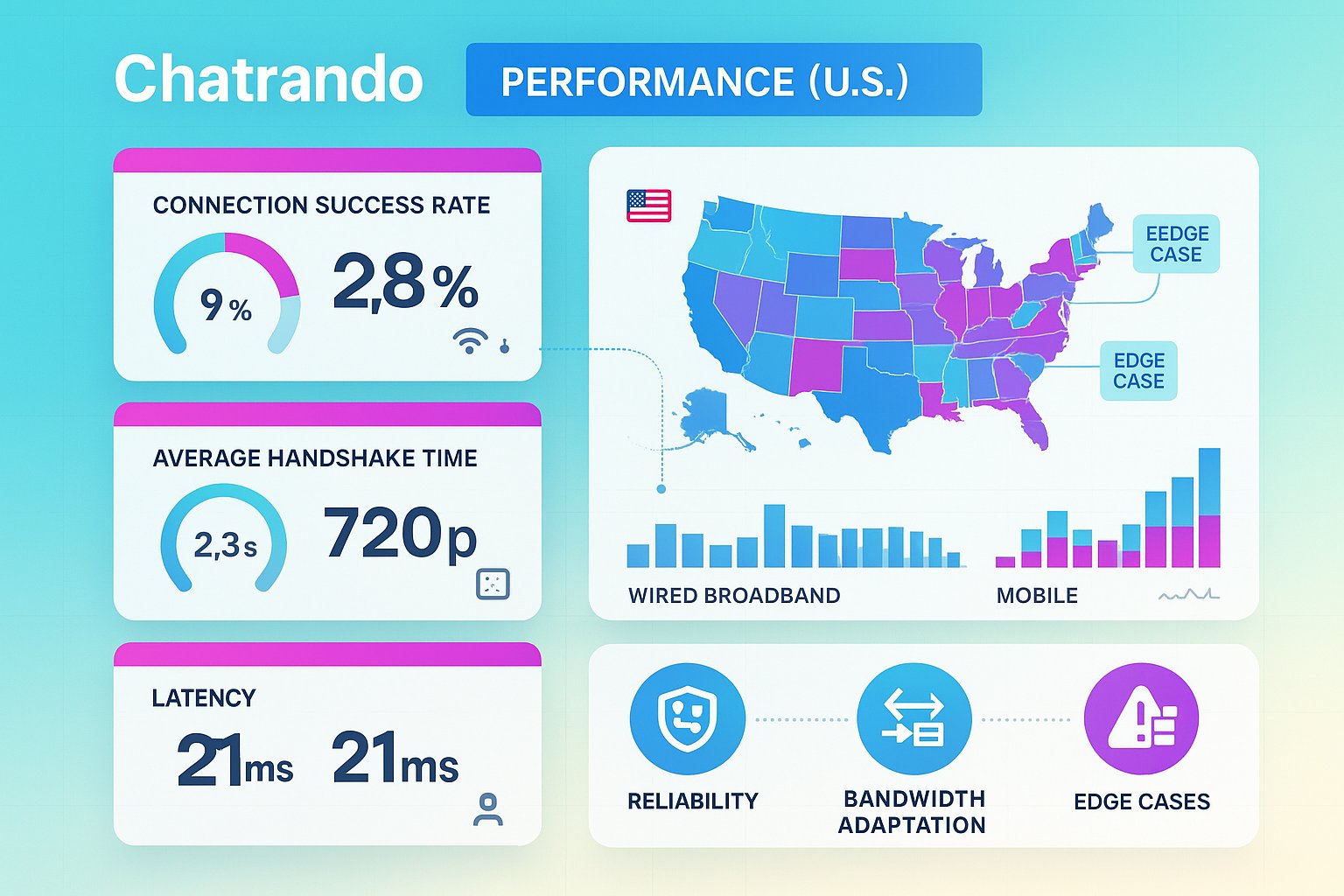 Dashboard infographic showing Chatrando performance metrics and U.S. heatmap.