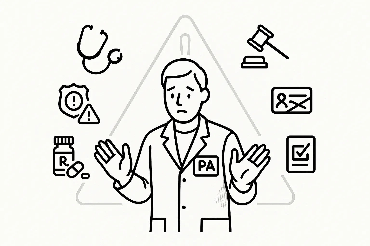 Physician assistant surrounded by icons representing termination risks.