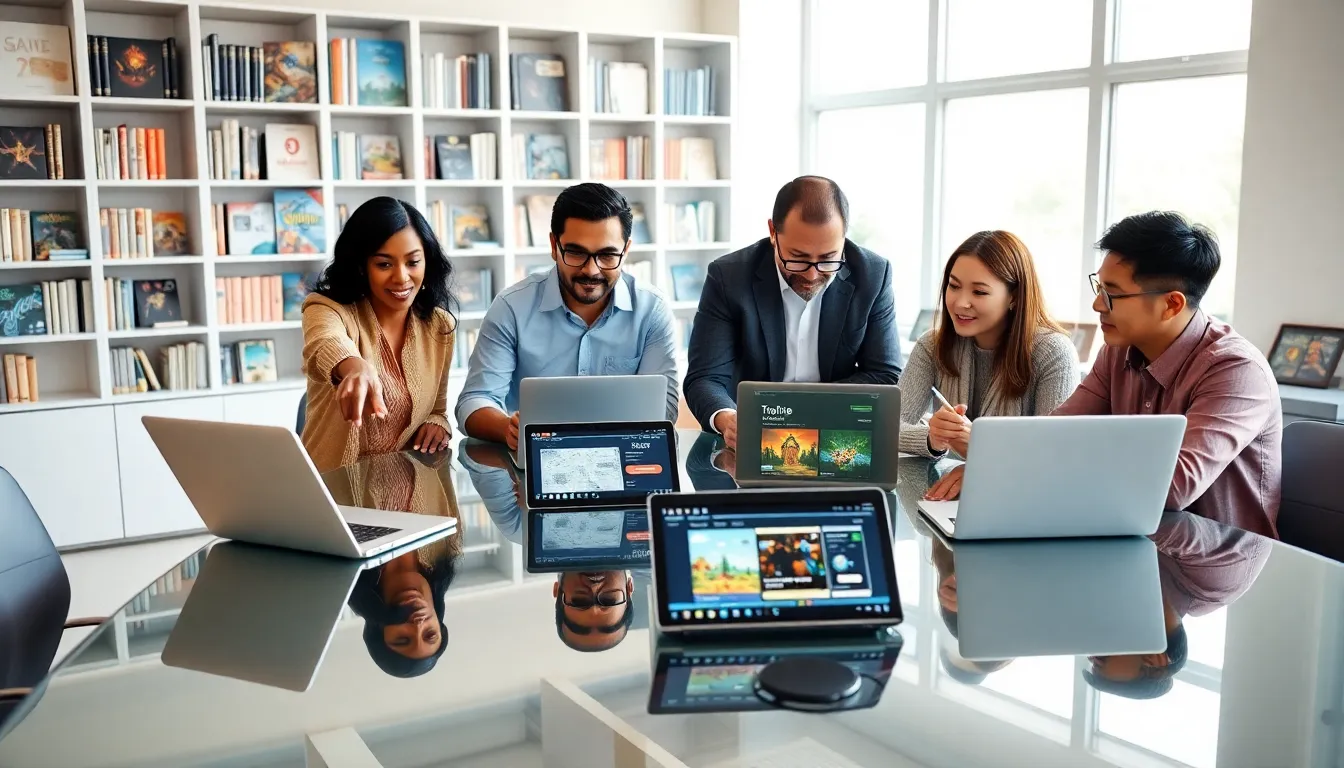 diverse team discussing video games in a modern office.