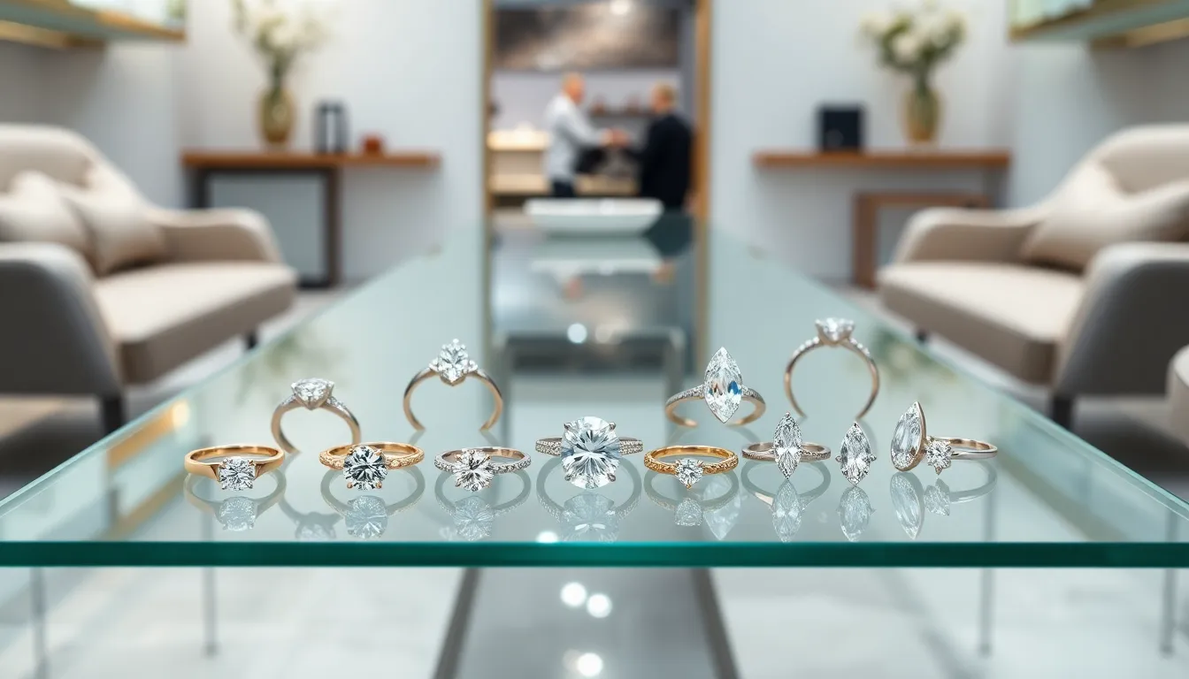 display of unique engagement rings on a glass table.