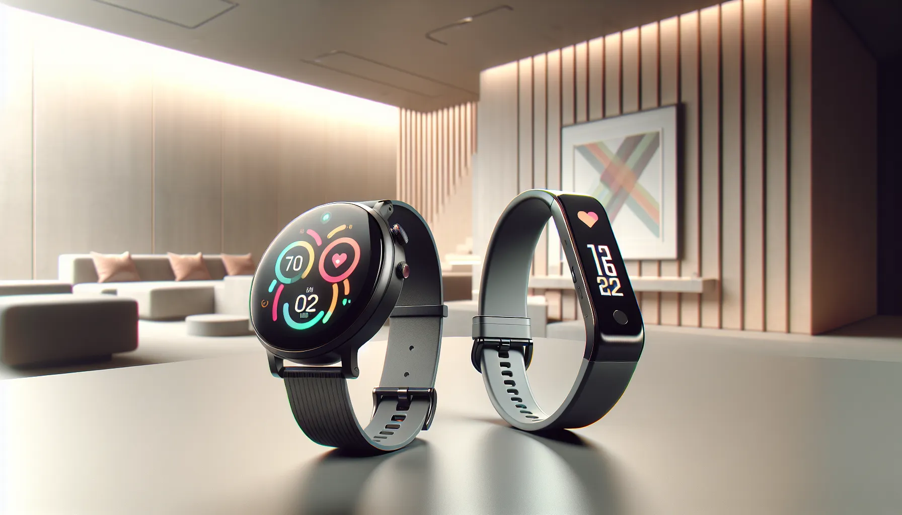 A smartwatch and a fitness tracker displayed side by side on a modern surface.